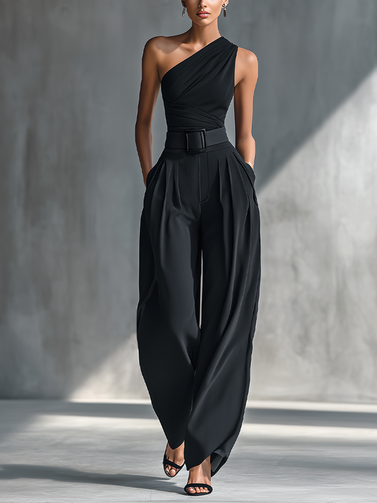 Conjunto negro: top elástico y pantalón de acetato