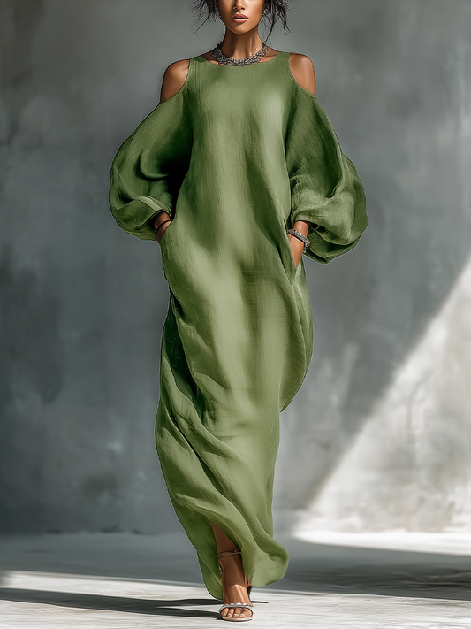 Verde claro Hombros descubiertos Chalecoido maxi With Oversize Puff Sleeves & Side Pockets