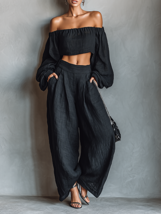 Conjunto de lino: blusa palabra de honor y pantalón ancho