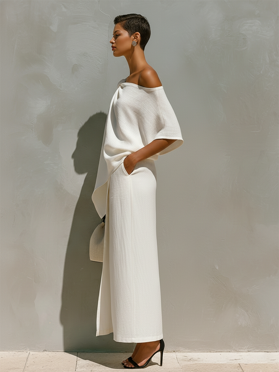 Blanco Linen Conjunto With One-Shoulder Knot Detail & Front Slit, Timeless Minimalista-Resort Style Conjunto
