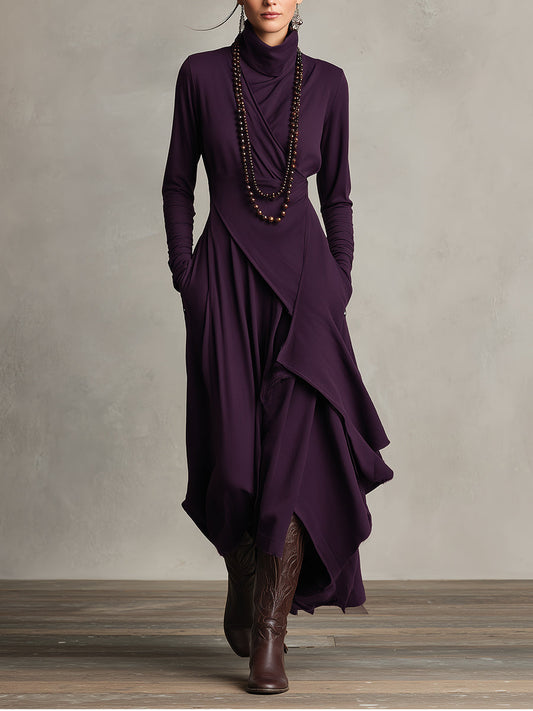 Morado Bohemian Cotton Elástico Cuello alto Asymmetrical Draped Chalecoido maxi