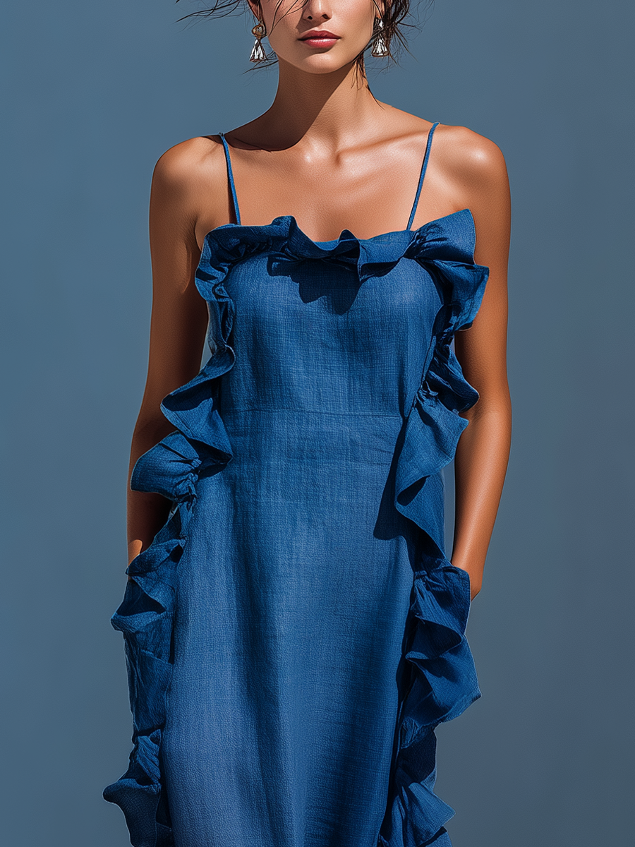 Azul Linen-Blend Spaghetti Strap Volante Trim Chalecoido maxi With Slit