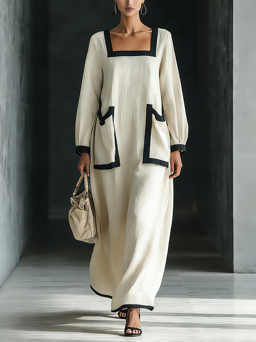 Beige Cotton And Linen Blend Square-Neck Chalecoido maxi With Negro Trim & Oversize Pockets