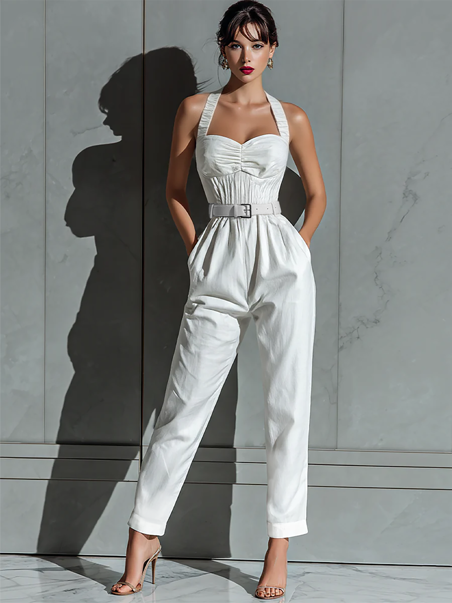 Marfil Cotton And Linen Blend Pierna ancha Mono With Cinched Waist