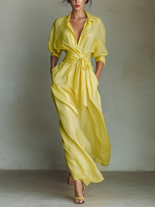 Vestido camisero maxi amarillo limón con cintura ajustable