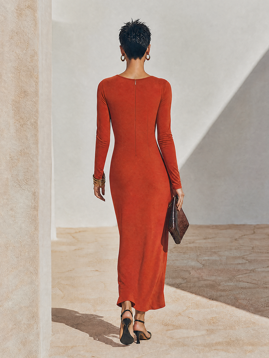 Solid Rust-Rojo Asymmetric Ruched Manga larga Chalecoido maxi