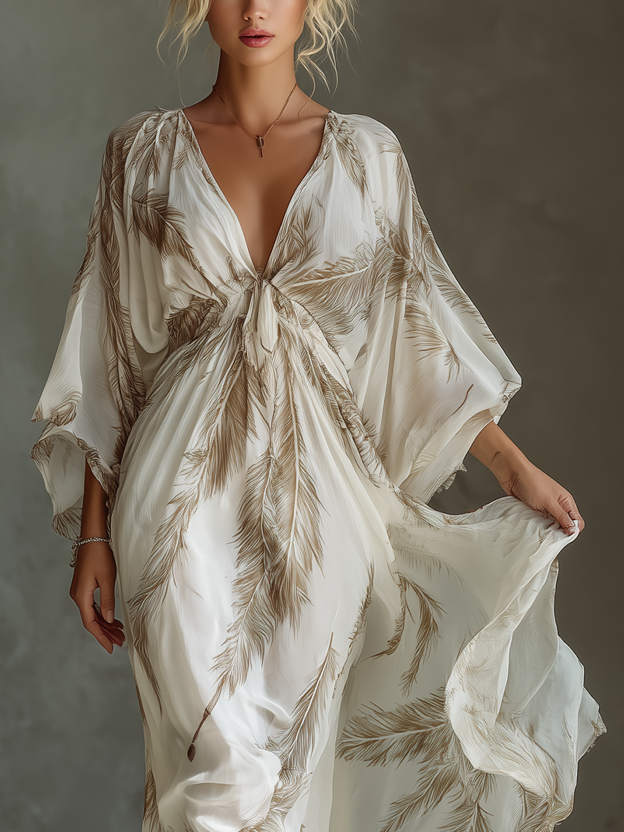 Marfil And Taupe Chiffon Fabric Dolman Sleeve Chalecoido maxi With Twist Front & Palm Leaf Print