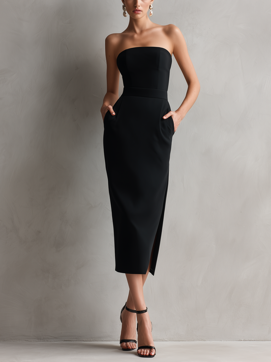 Elegante Negro Elástico Palabra de honor Bodycon Chalecoido midi