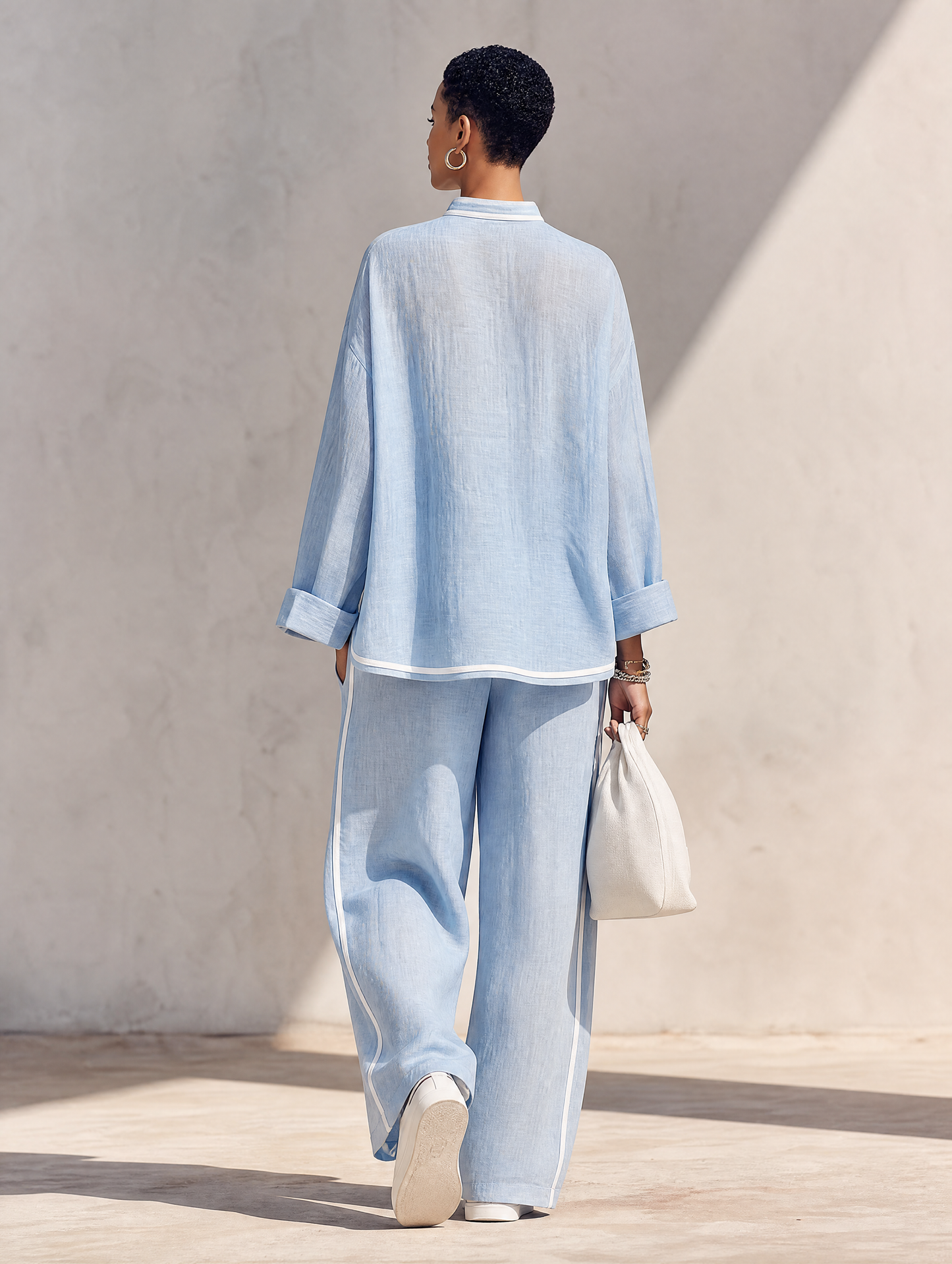 Light‑Azul Linen Fabric Stand‑Collar Half‑con cremallera Oversize Top & Wide‑Leg Pantalón Conjunto