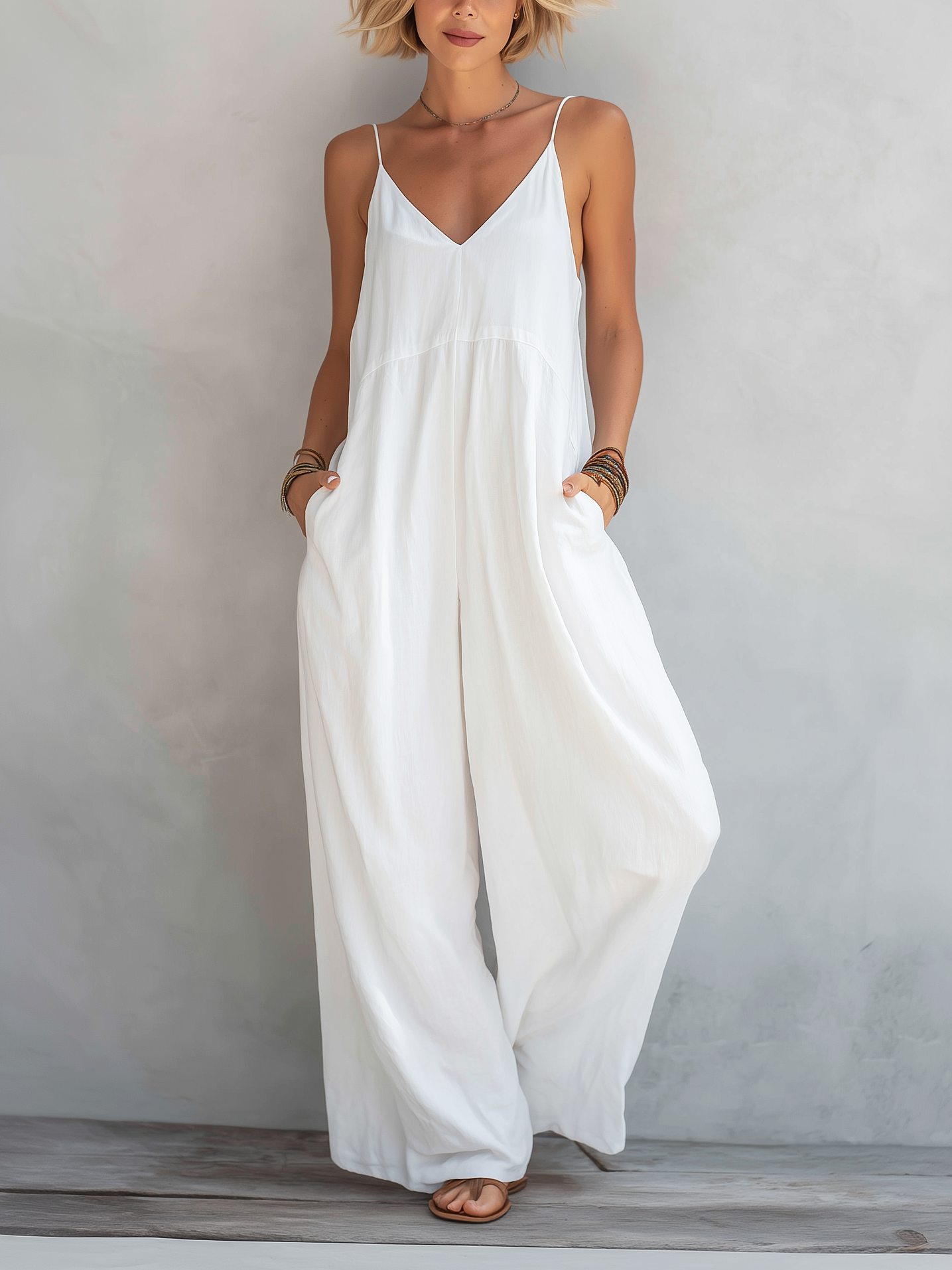 Casual Blanco Cotton-lino Blend Sin mangas Holgado Mono