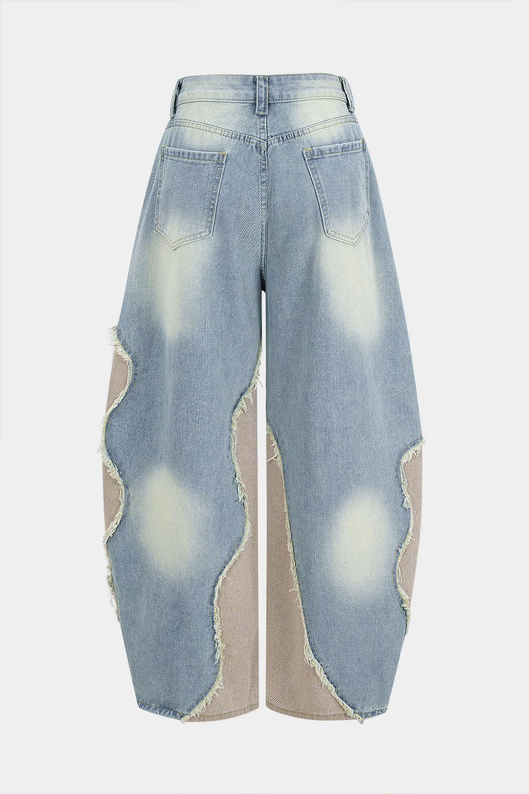 Denim Patchwork Frayed Rivets Barrel Leg Jeans