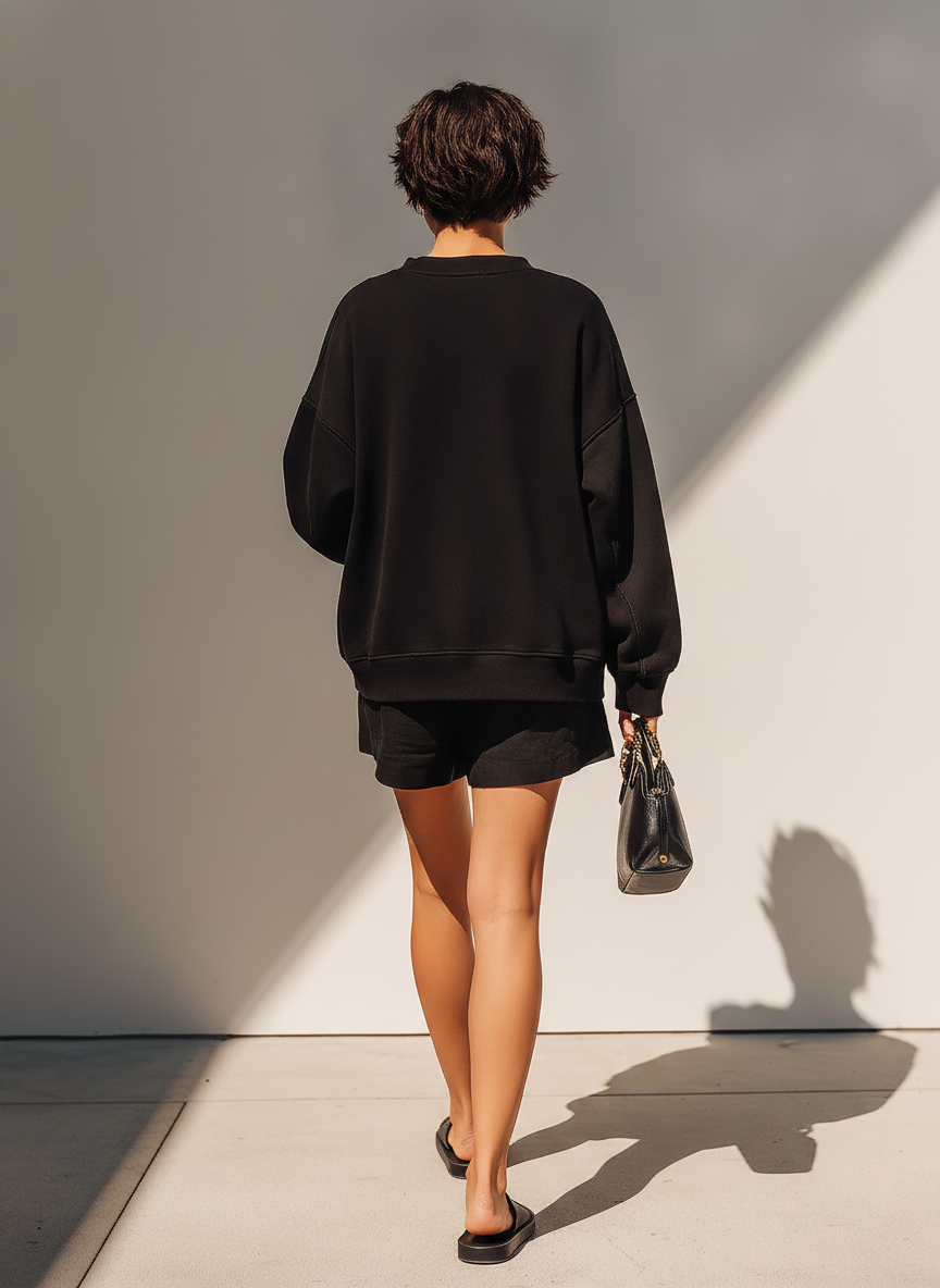 Solid Negro Cotton Fabric Co-Ord With Manga larga Holgado Sweat Top & Relaxed Fit Casual Shorts, Modern Effortless-Chic Daily Athleisure Outfit