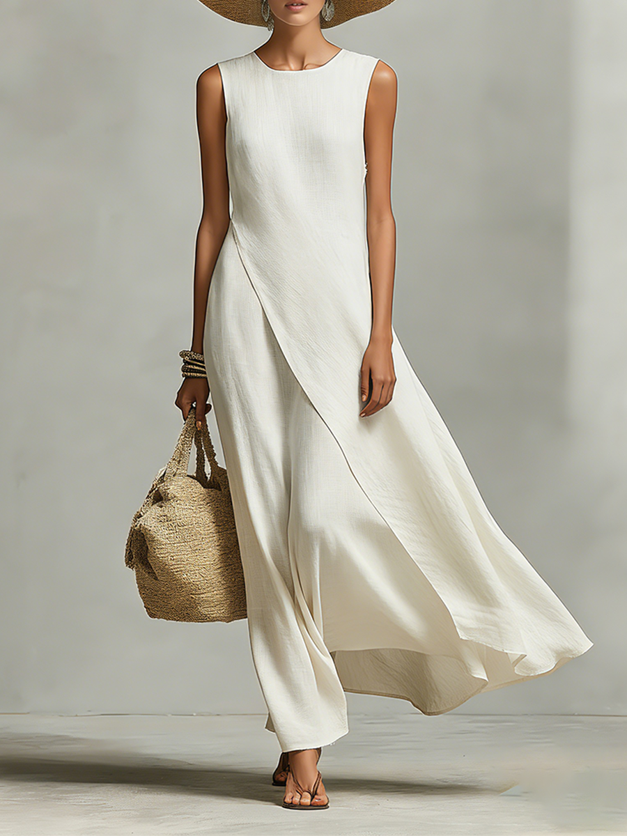 Marfil Transpirable Linen Dress With Sin mangas Detail & Asymmetric Hem, Contemporary Casual-Feminine Style Dress
