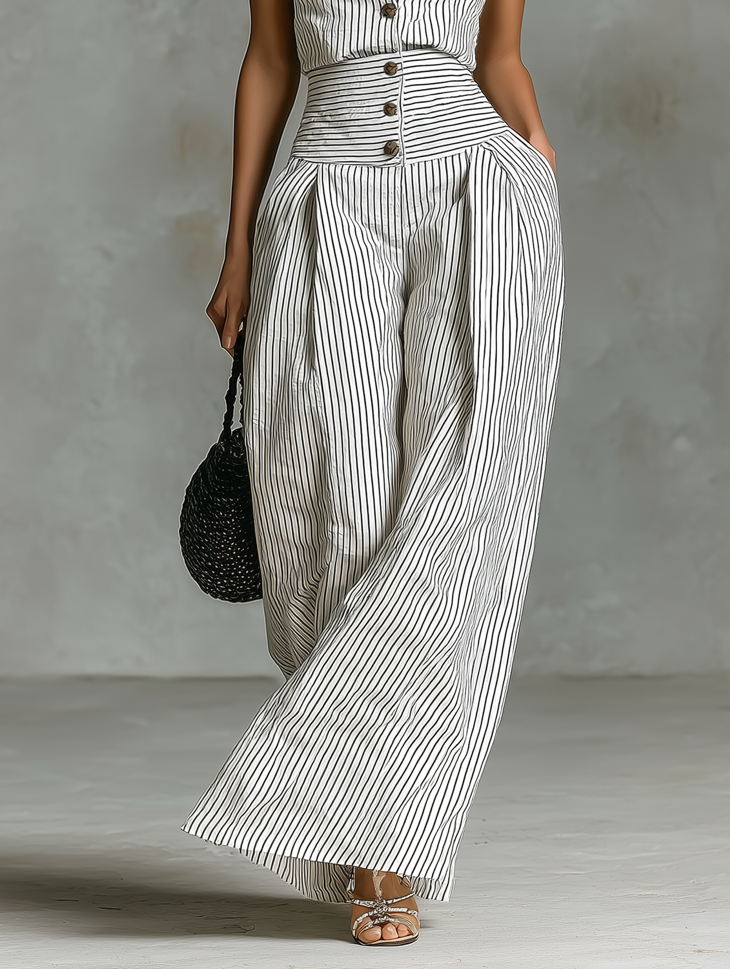 Minimalista Striped Linen Sin mangas Single-Breasted Mono