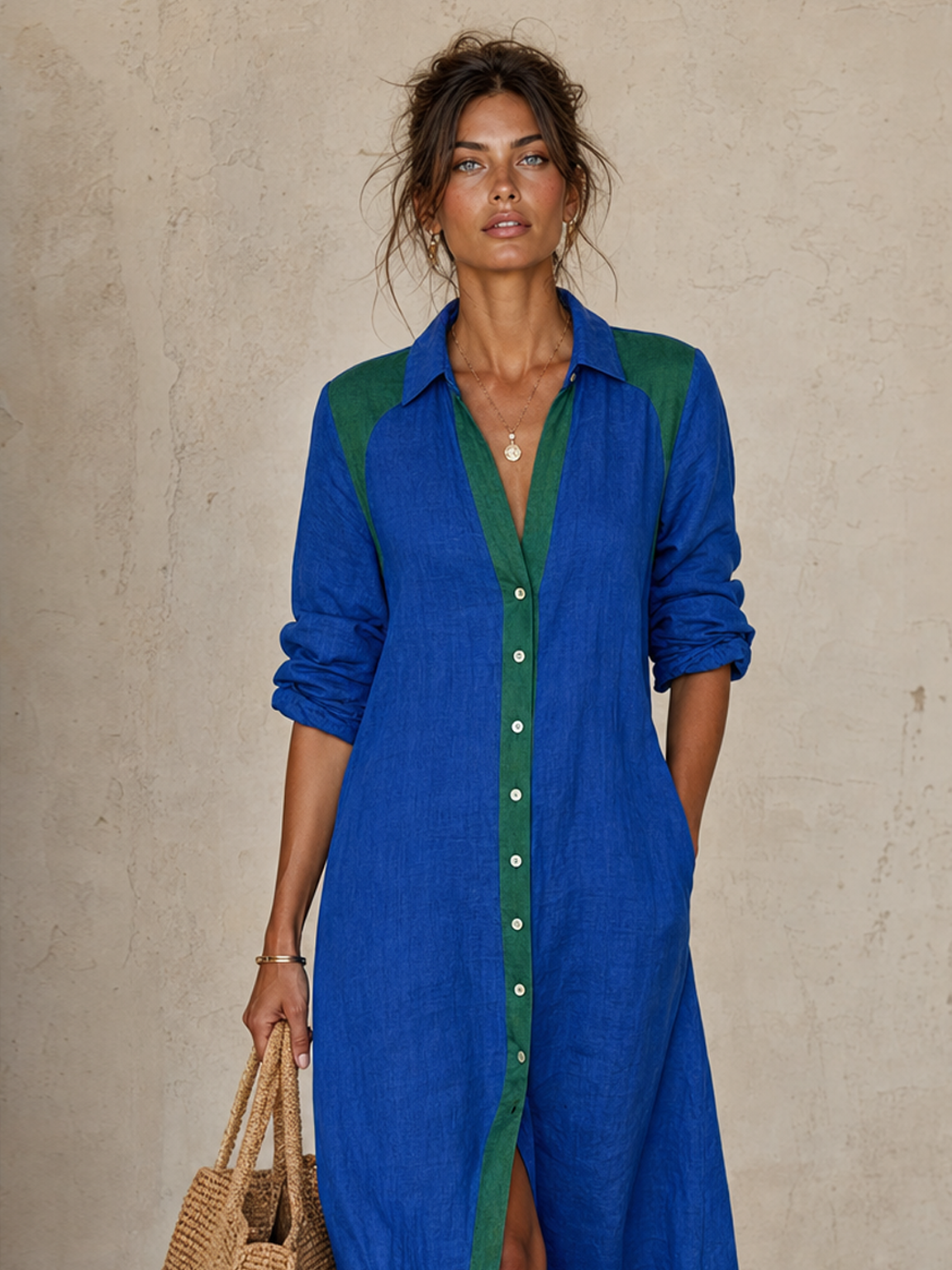 Minimalista Color-Block Single-Breasted Manga larga Midi Chalecoido camisero
