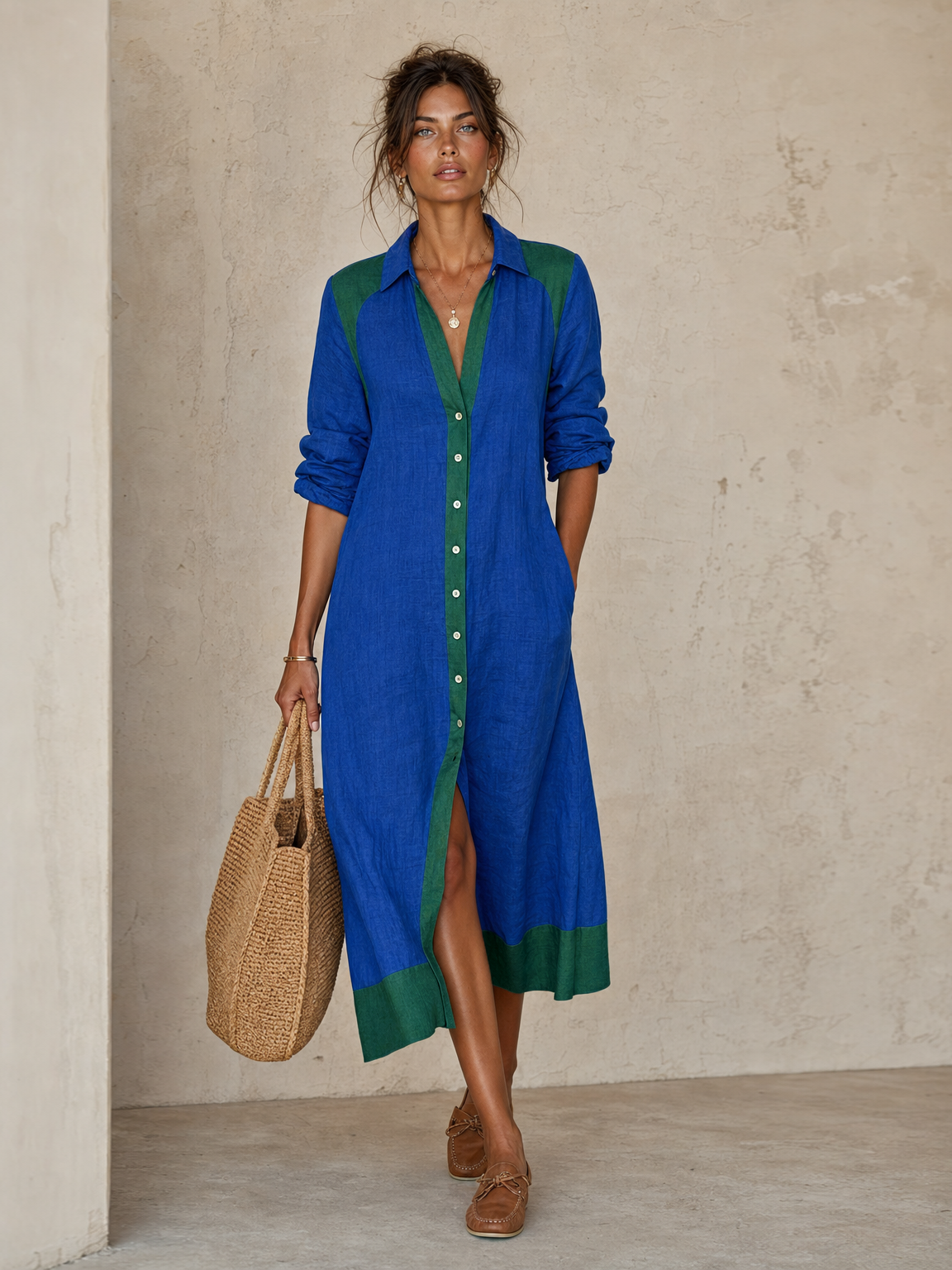 Minimalista Color-Block Single-Breasted Manga larga Midi Chalecoido camisero