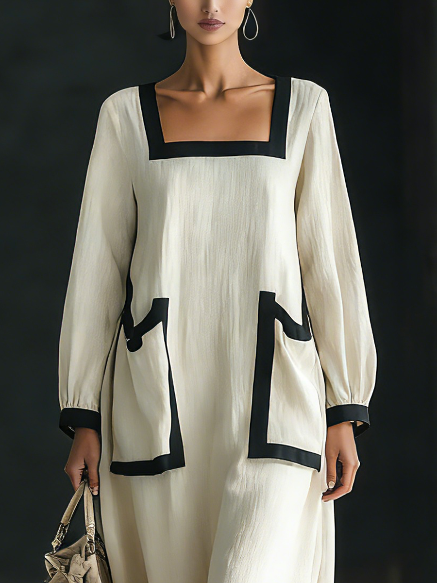 Beige Cotton And Linen Blend Square-Neck Chalecoido maxi With Negro Trim & Oversize Pockets