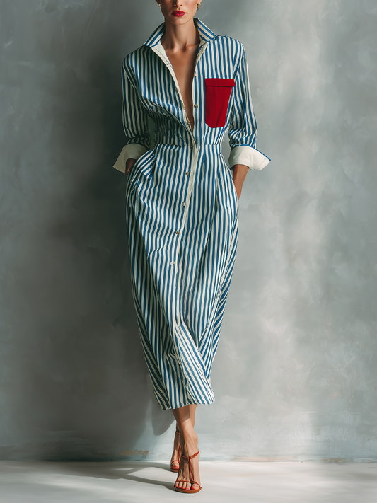 Vestido camisero de rayas azules y blancas con bolsillo rojo