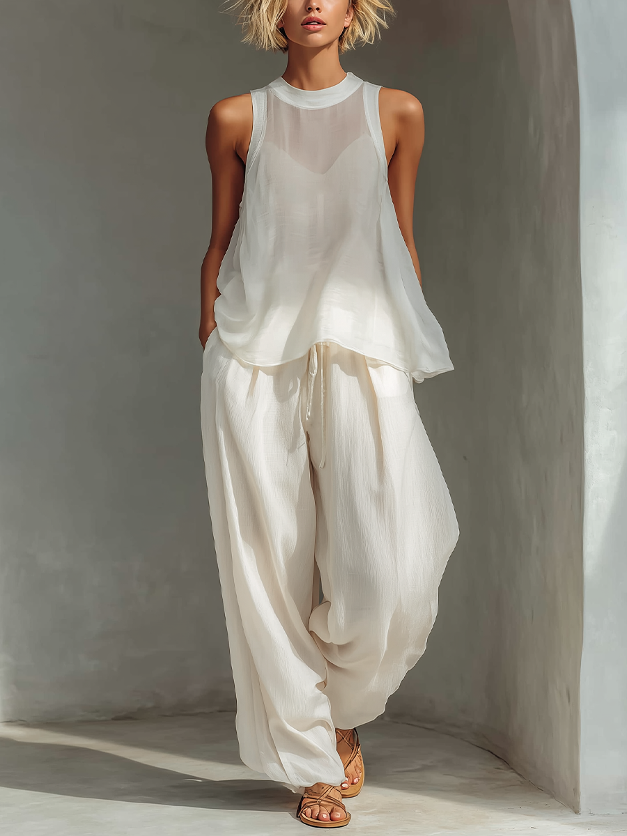 Crema Two-Piece Conjunto With Semi-sheer Chiffon Sin mangas Top & Cotton And Linen Blend Drawstring Pierna ancha Pantalón