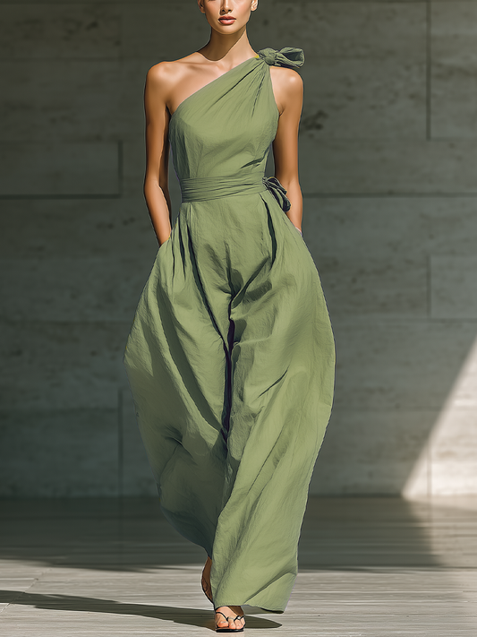 Verde claro Cotton And Linen Blend One-Shoulder Pierna ancha Mono With Cintura ajustable
