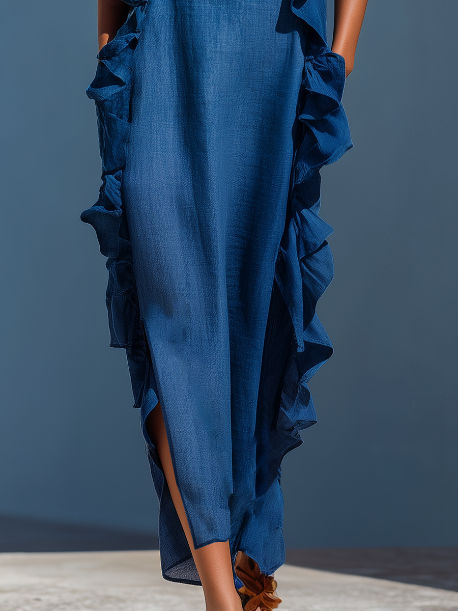 Azul Linen-Blend Spaghetti Strap Volante Trim Chalecoido maxi With Slit