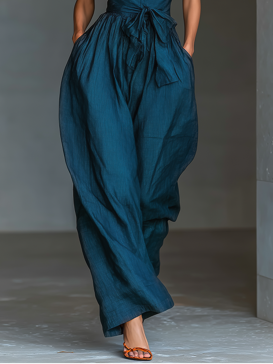 Azul marino Linen Fabric Cross Halter Pierna ancha Mono With Cintura ajustable & Side Pockets