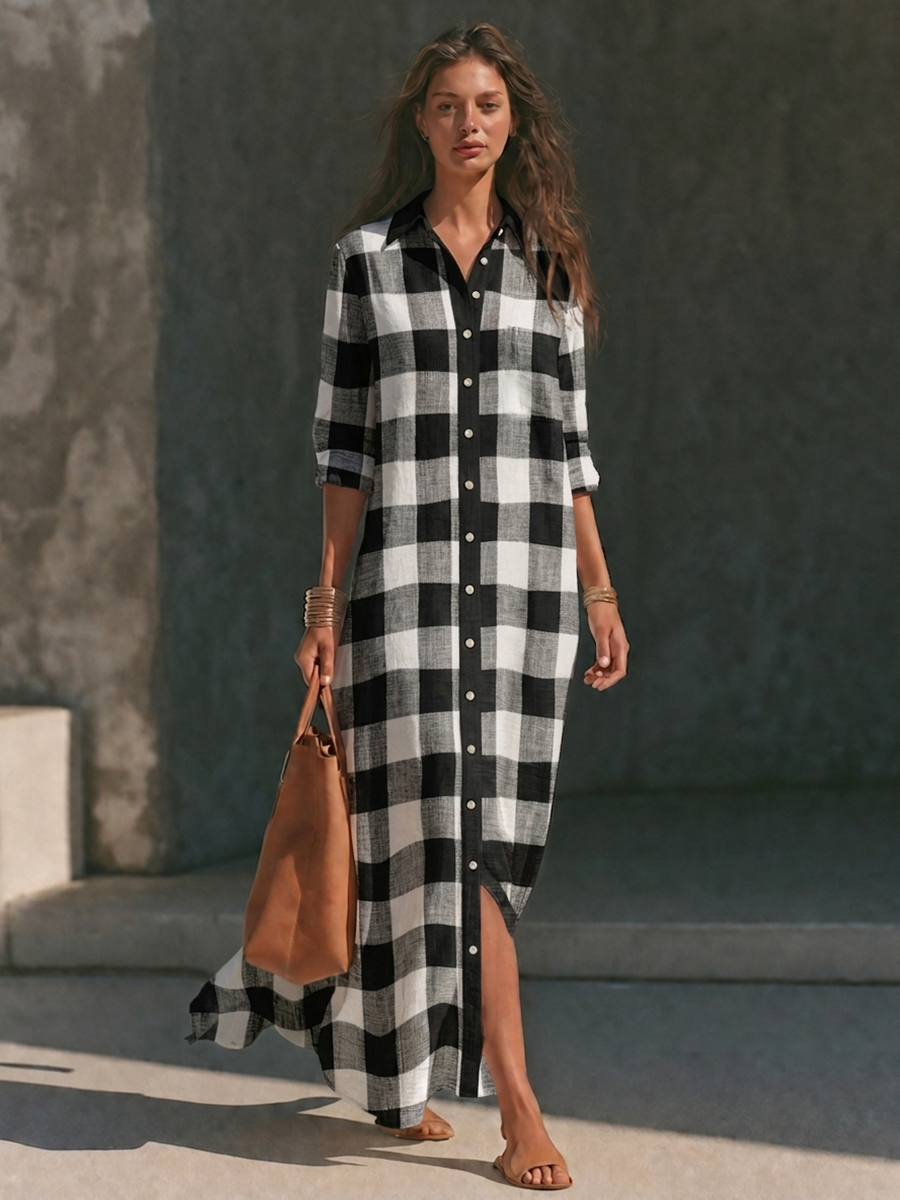 Negro & Blanco Buffalo Check Linen Long Chalecoido camisero