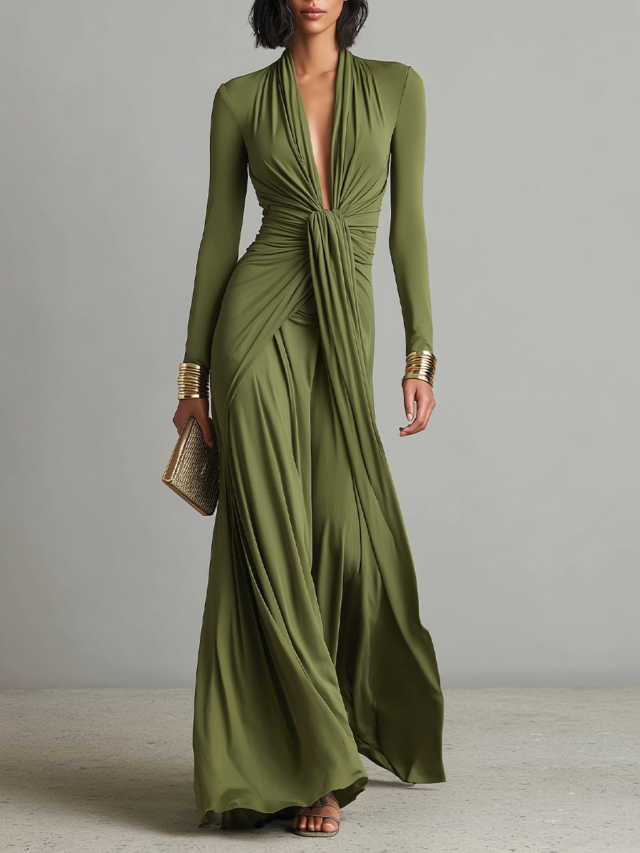 Olive Silky Elásticoy Dress With Deep Escote en V & Ruched Detail, Glamorous Chalecoido maxi