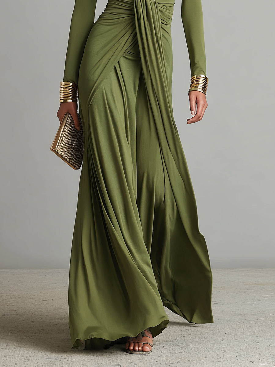 Olive Silky Elásticoy Dress With Deep Escote en V & Ruched Detail, Glamorous Chalecoido maxi