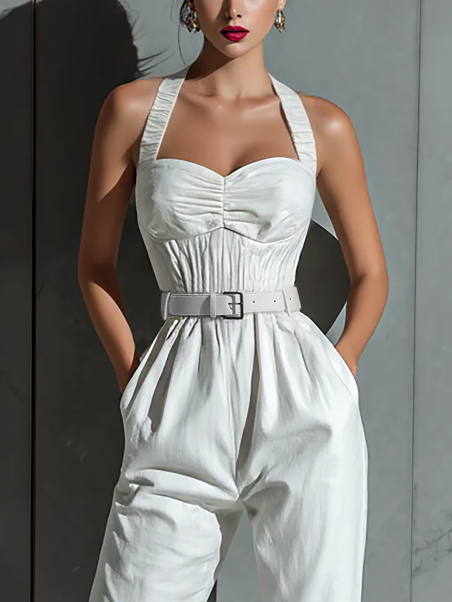 Marfil Cotton And Linen Blend Pierna ancha Mono With Cinched Waist