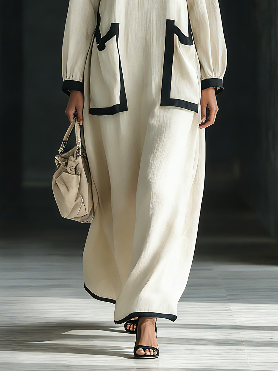 Beige Cotton And Linen Blend Square-Neck Chalecoido maxi With Negro Trim & Oversize Pockets