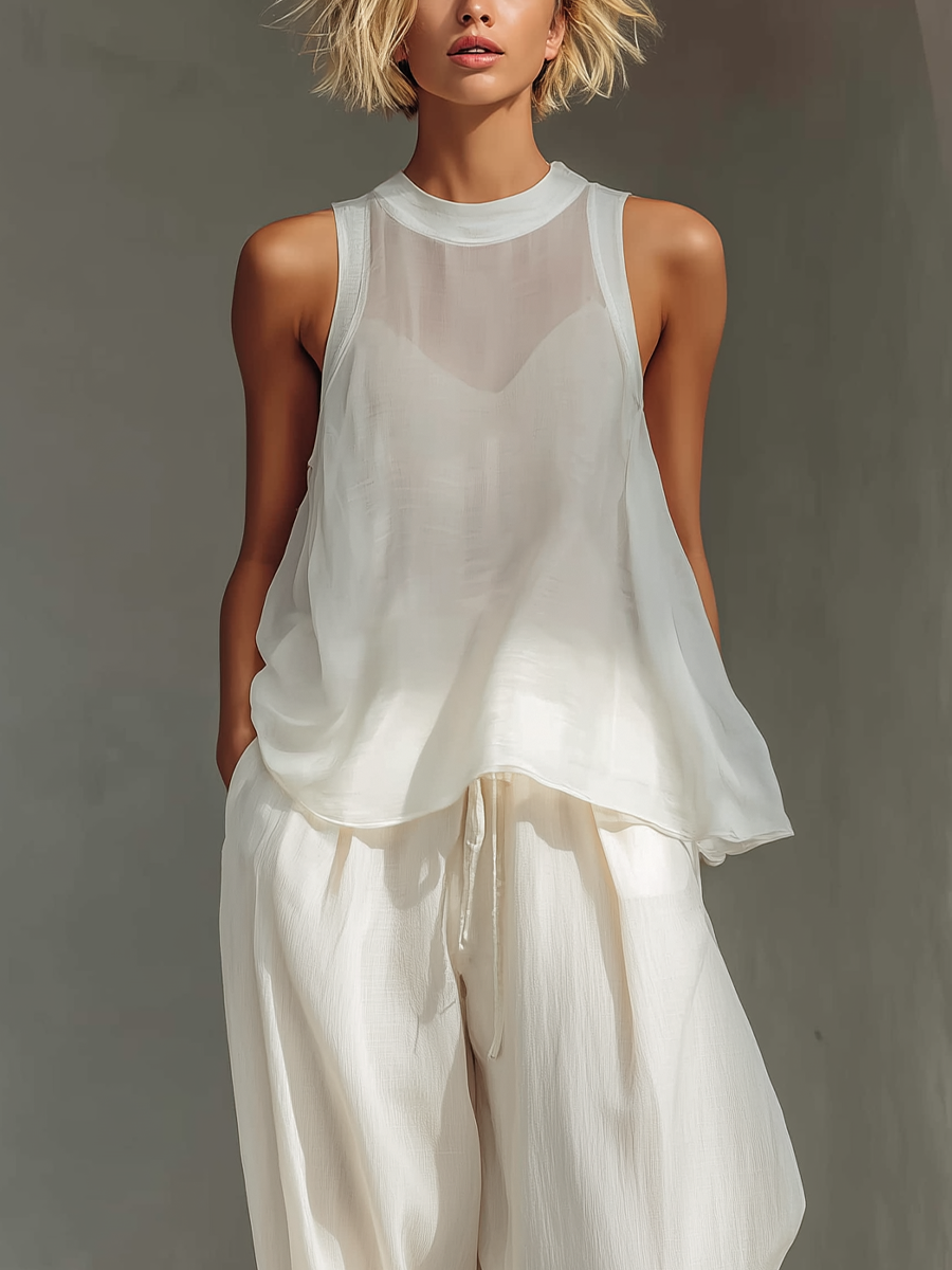 Crema Two-Piece Conjunto With Semi-sheer Chiffon Sin mangas Top & Cotton And Linen Blend Drawstring Pierna ancha Pantalón