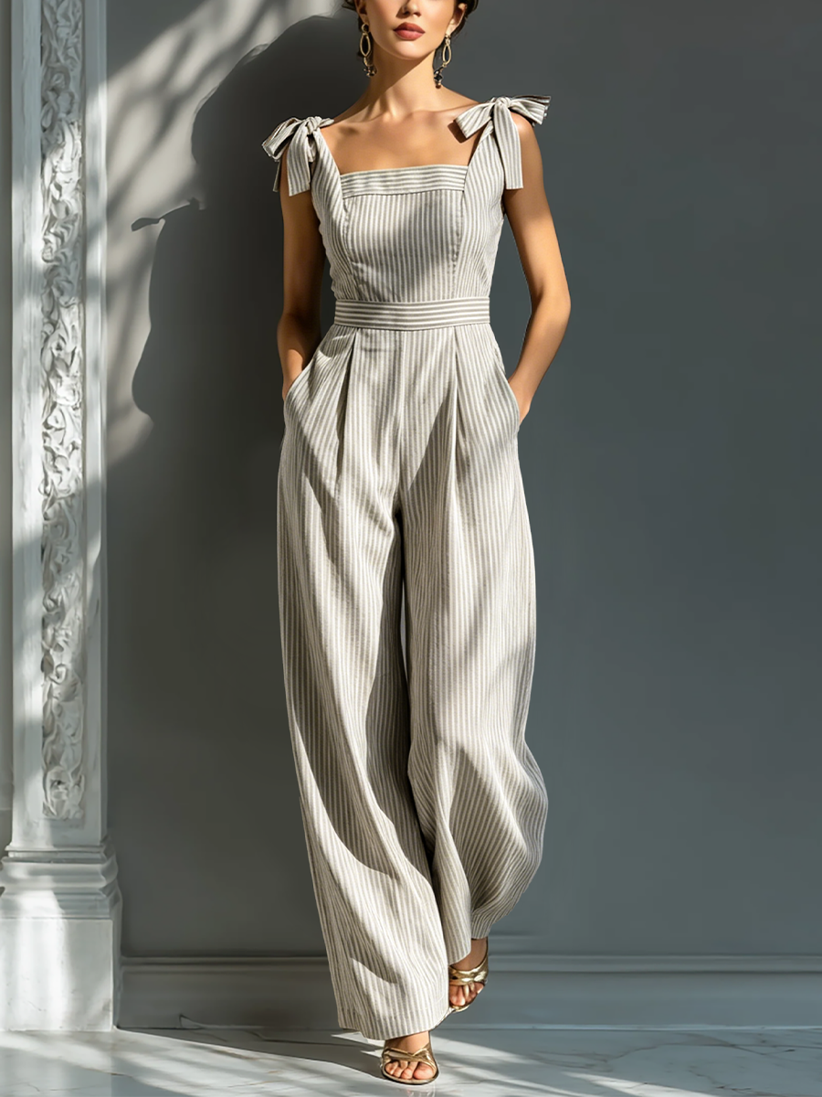 Beige & Blanco Striped Linen-Blend Mono With Square Neck & Tie Straps