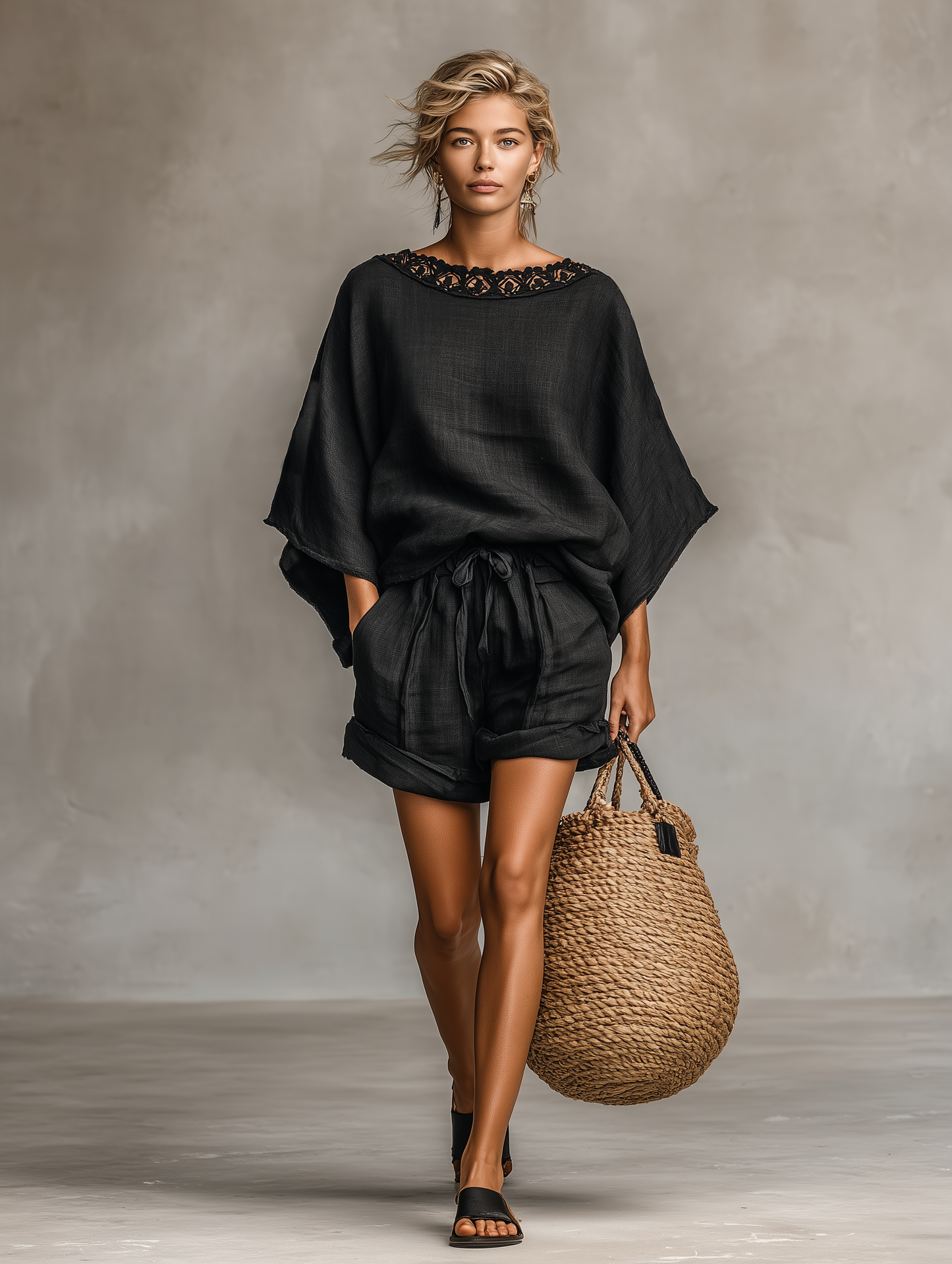 Minimalista Linen Blend Encaje Boat Neck Blusa And Shorts Conjunto