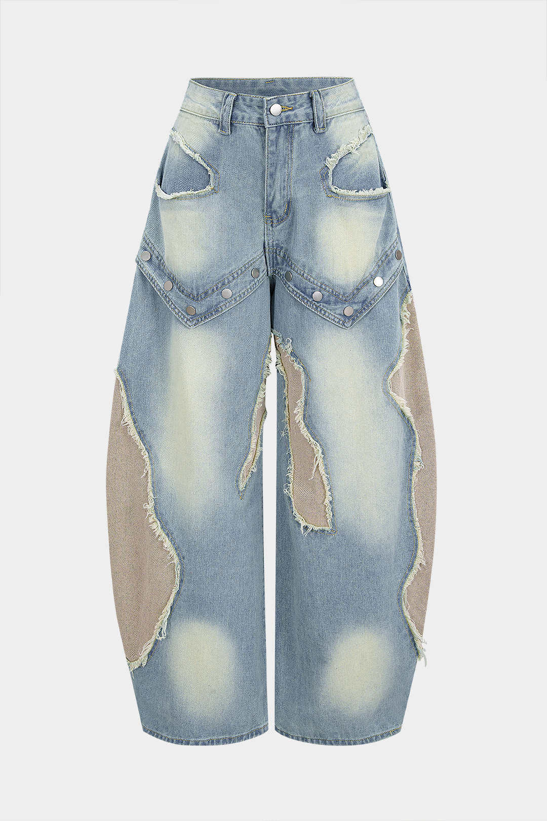 Denim Patchwork Frayed Rivets Barrel Leg Jeans