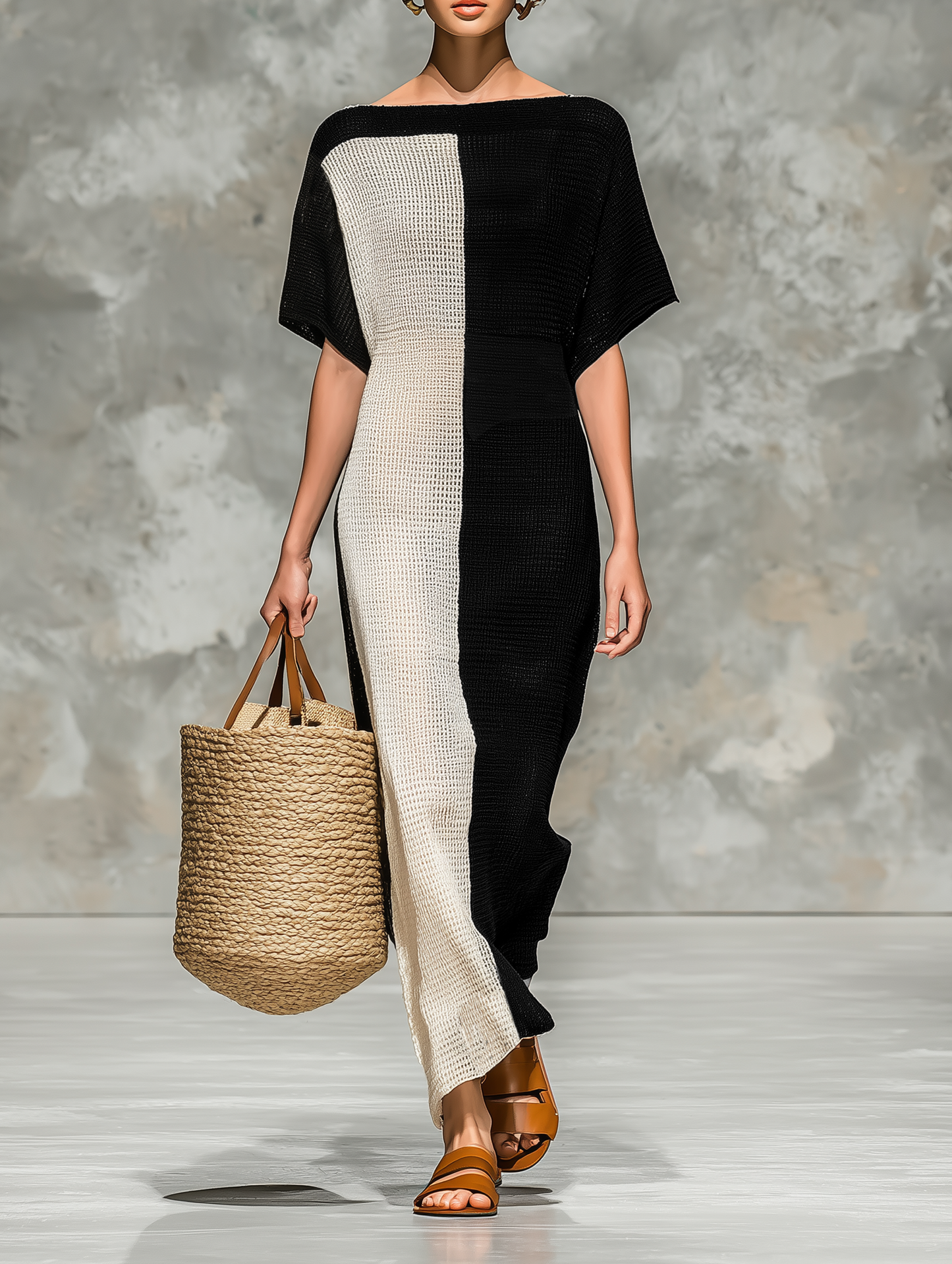 Minimalista Knitted Boat Neck Manga corta Chalecoido maxi