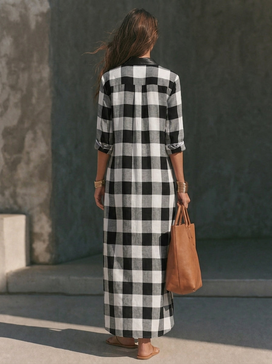Negro & Blanco Buffalo Check Linen Long Chalecoido camisero