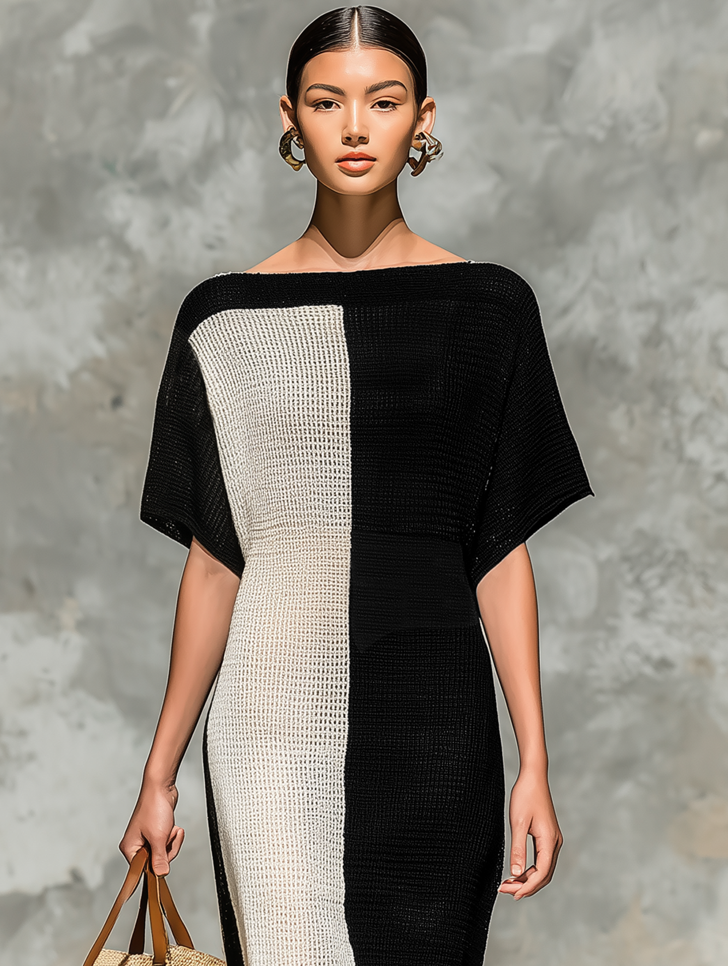 Minimalista Knitted Boat Neck Manga corta Chalecoido maxi