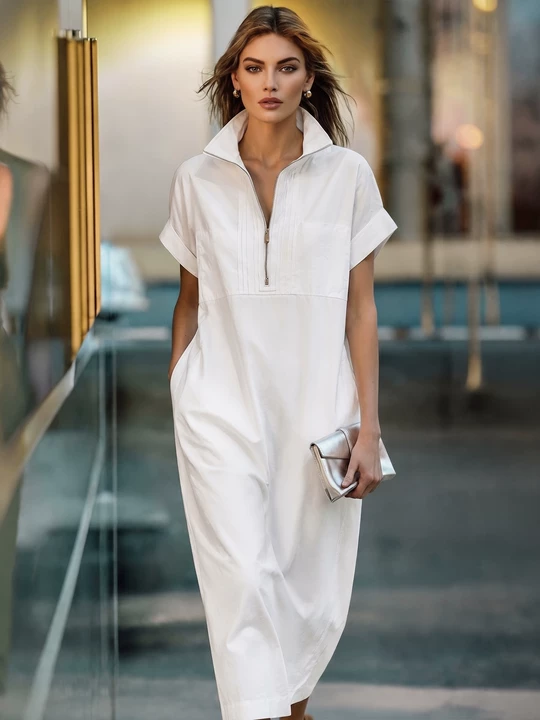 Blanco 100% Cotton Maxi Chalecoido camisero With Half-con cremallera Collar & Rolled Sleeves, Timeless Casual Everyday Dress