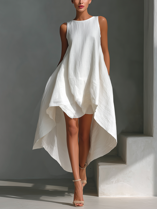 Blanco Linen Fabric Sin mangas Chalecoido midi With Cuello redondo & Asymmetric Hem