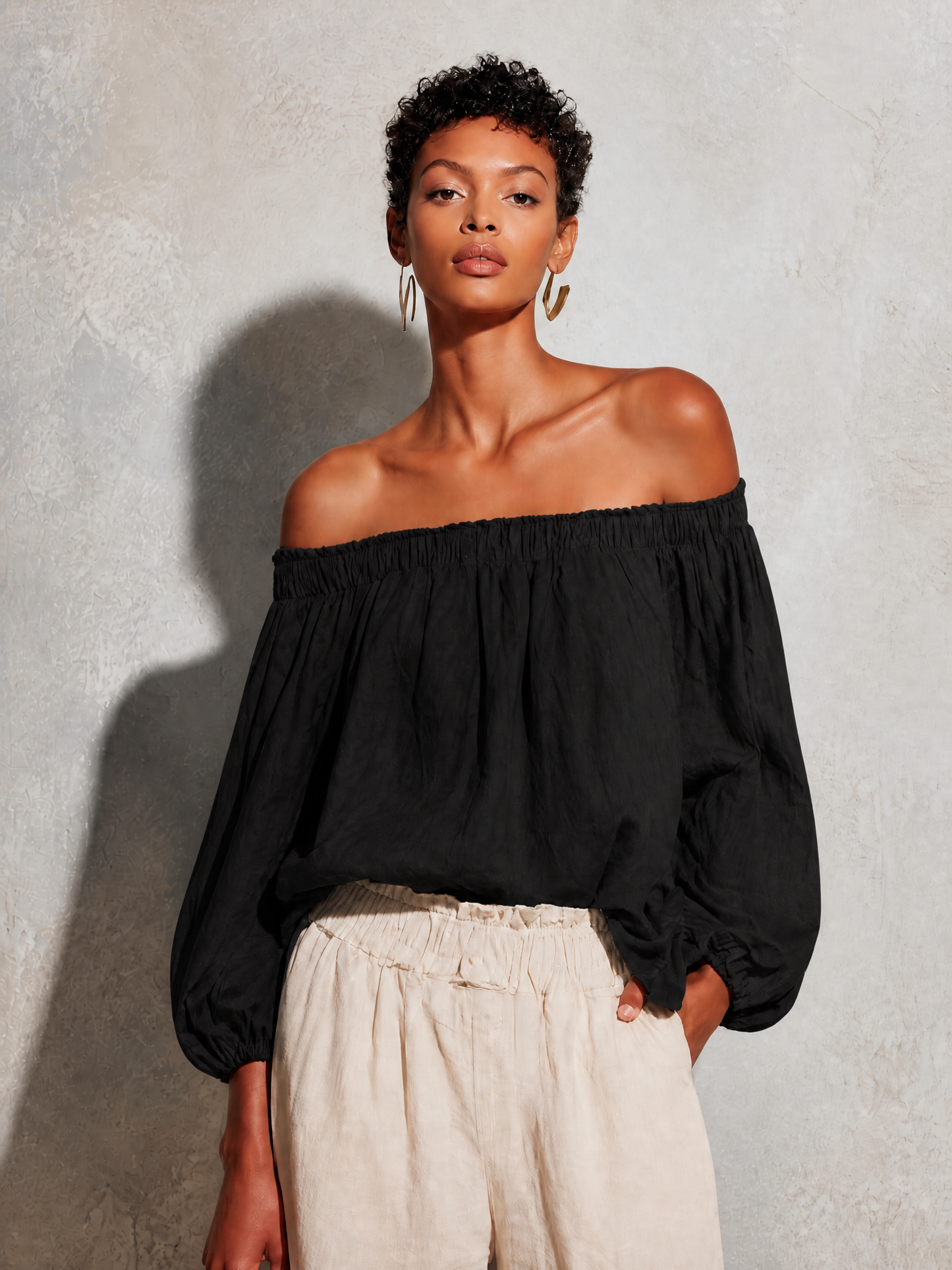 Casual Style Morado Cotton And Linen Off-shoulder Long Lantern Sleeve Top