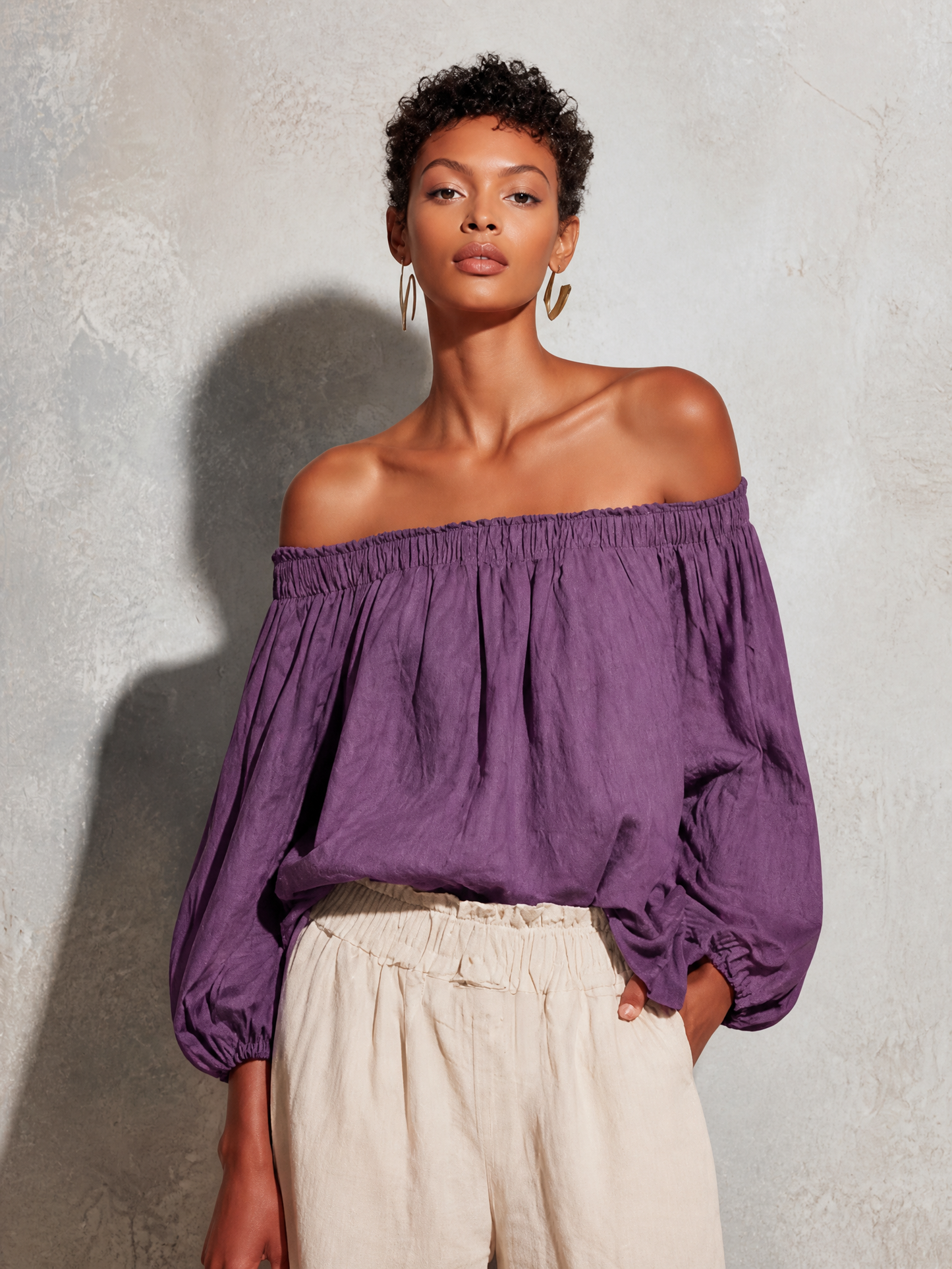 Casual Style Morado Cotton And Linen Off-shoulder Long Lantern Sleeve Top