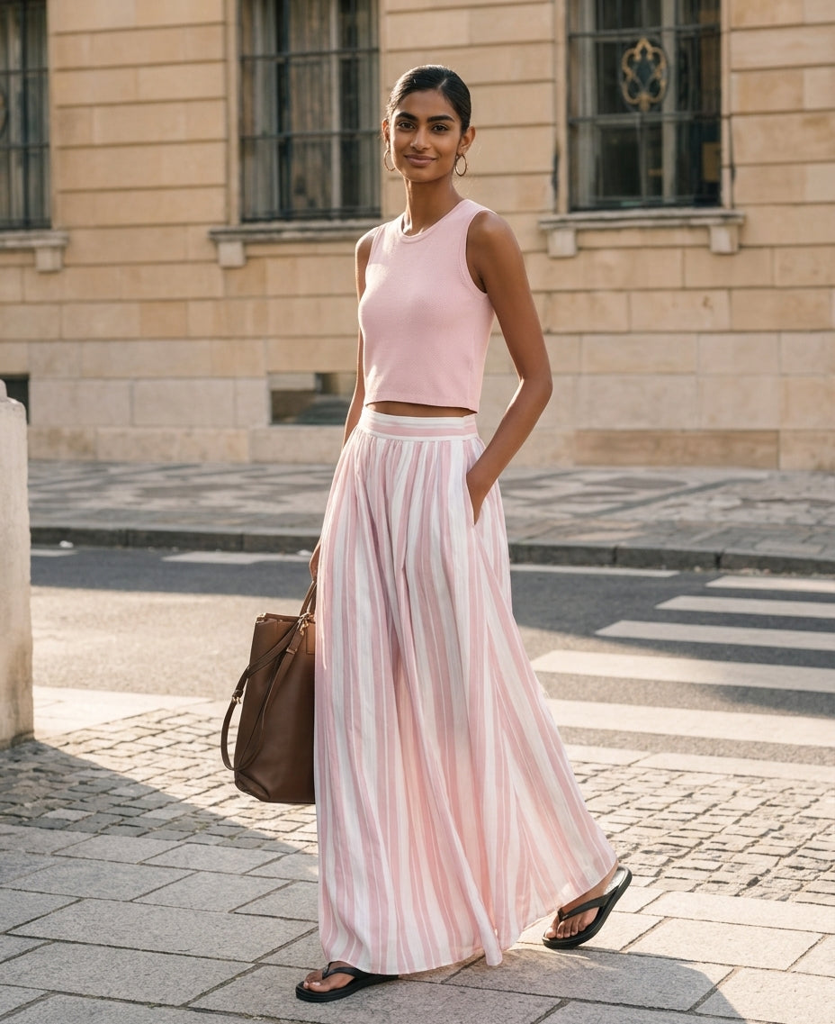 Casual Rosa Elástico-punto Sin mangas Round-neck Top Paired With A Woven Rosa Printed Maxi Falda