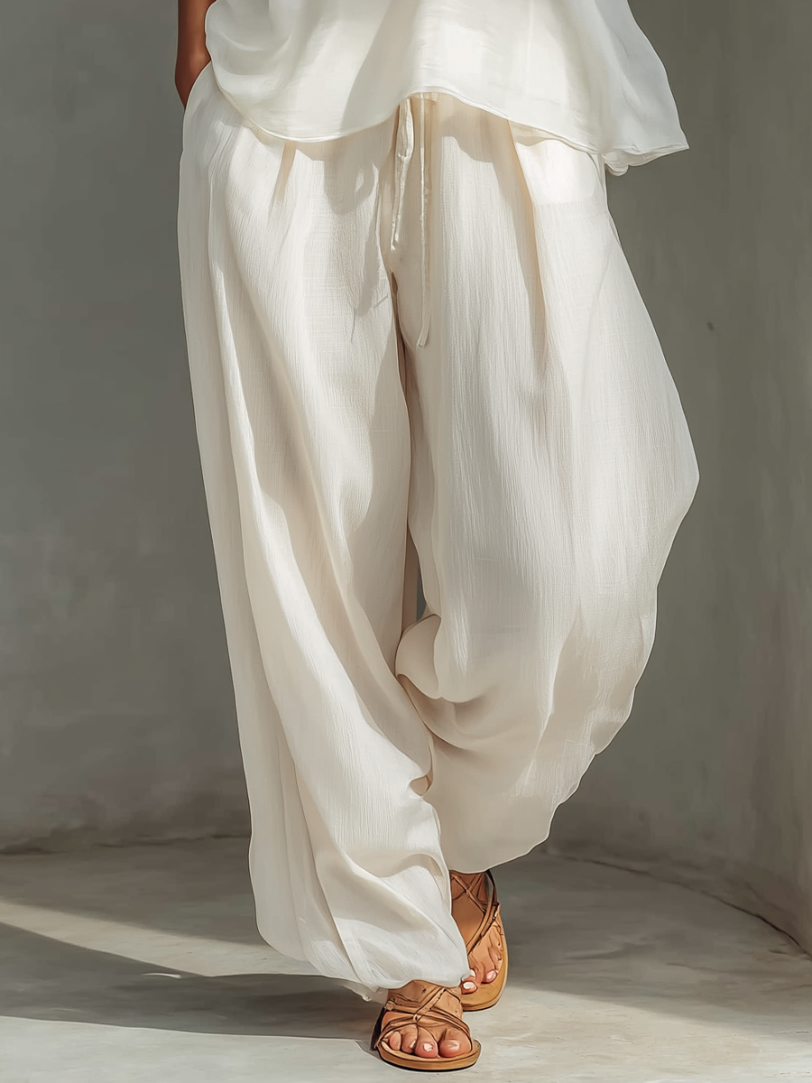 Crema Two-Piece Conjunto With Semi-sheer Chiffon Sin mangas Top & Cotton And Linen Blend Drawstring Pierna ancha Pantalón