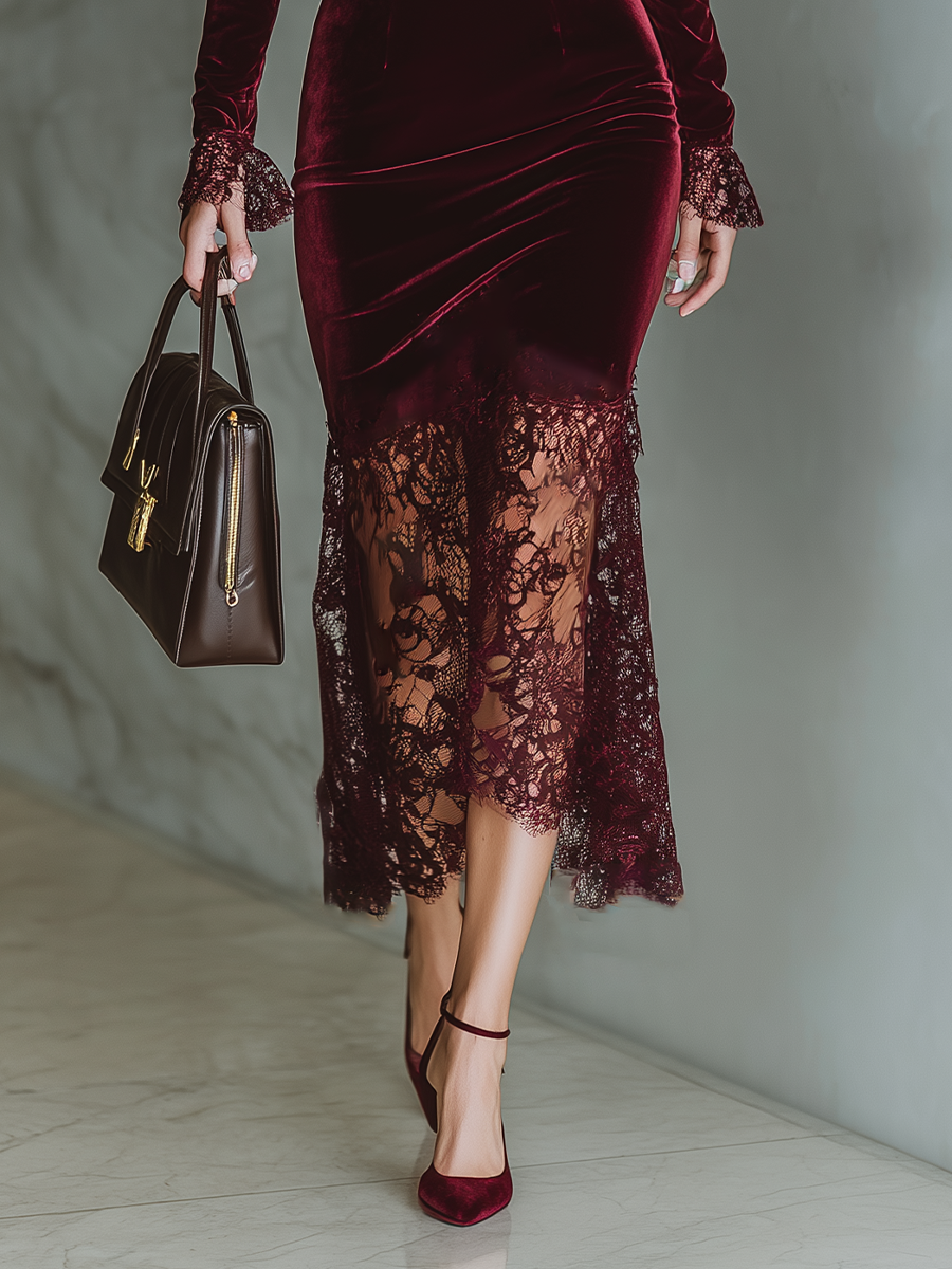Burdeos Velvet Encaje Fitted Chalecoido maxi