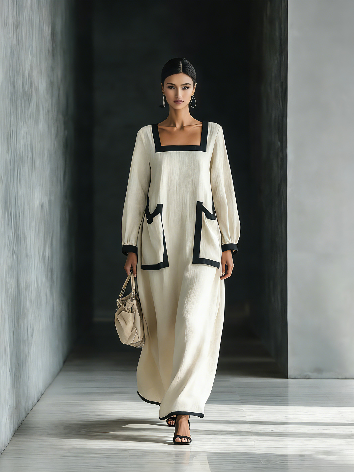 Beige Cotton And Linen Blend Square-Neck Chalecoido maxi With Negro Trim & Oversize Pockets