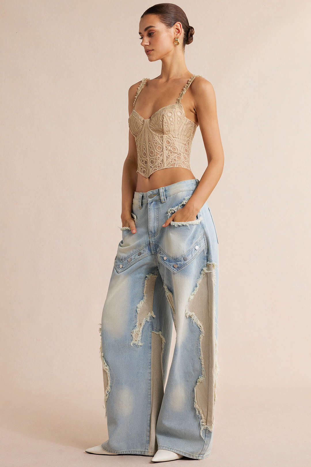 Denim Patchwork Frayed Rivets Barrel Leg Jeans