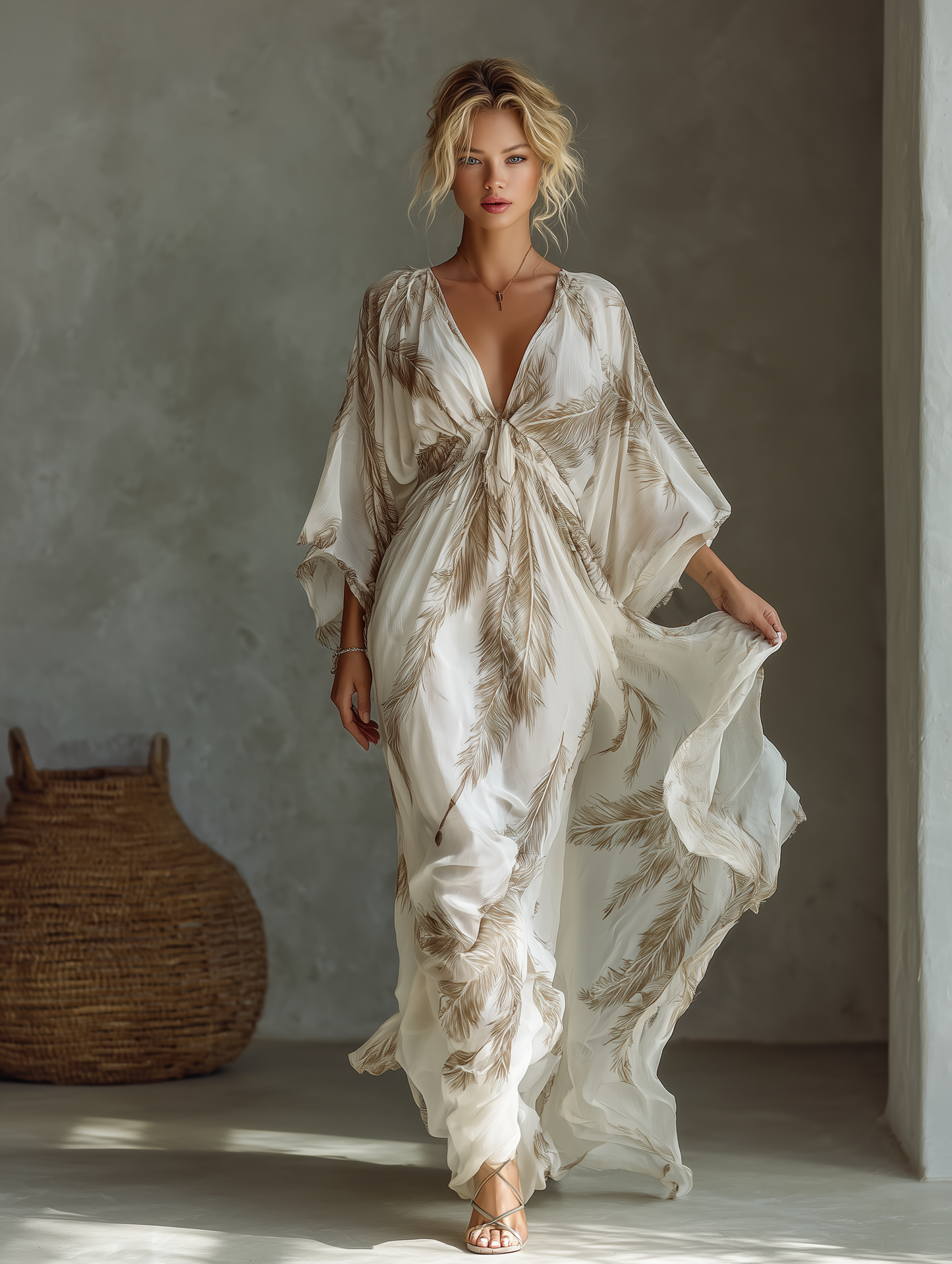 Marfil And Taupe Chiffon Fabric Dolman Sleeve Chalecoido maxi With Twist Front & Palm Leaf Print