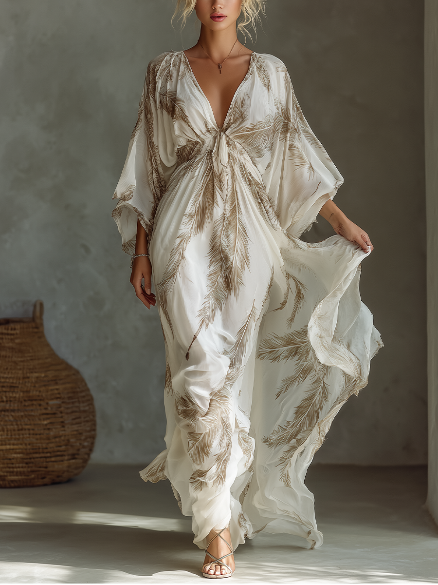 Marfil And Taupe Chiffon Fabric Dolman Sleeve Chalecoido maxi With Twist Front & Palm Leaf Print