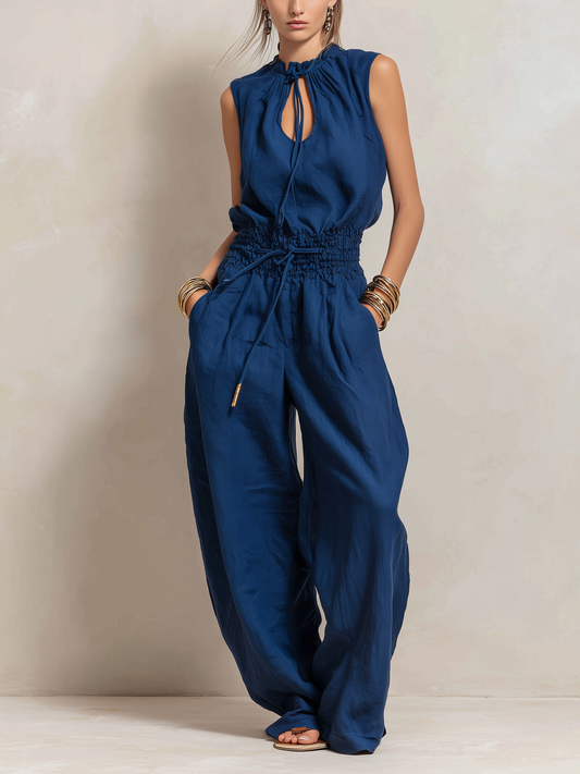 Elegante Azul oscuro Cotton-Linen Sin mangas Mono With Cuello redondo